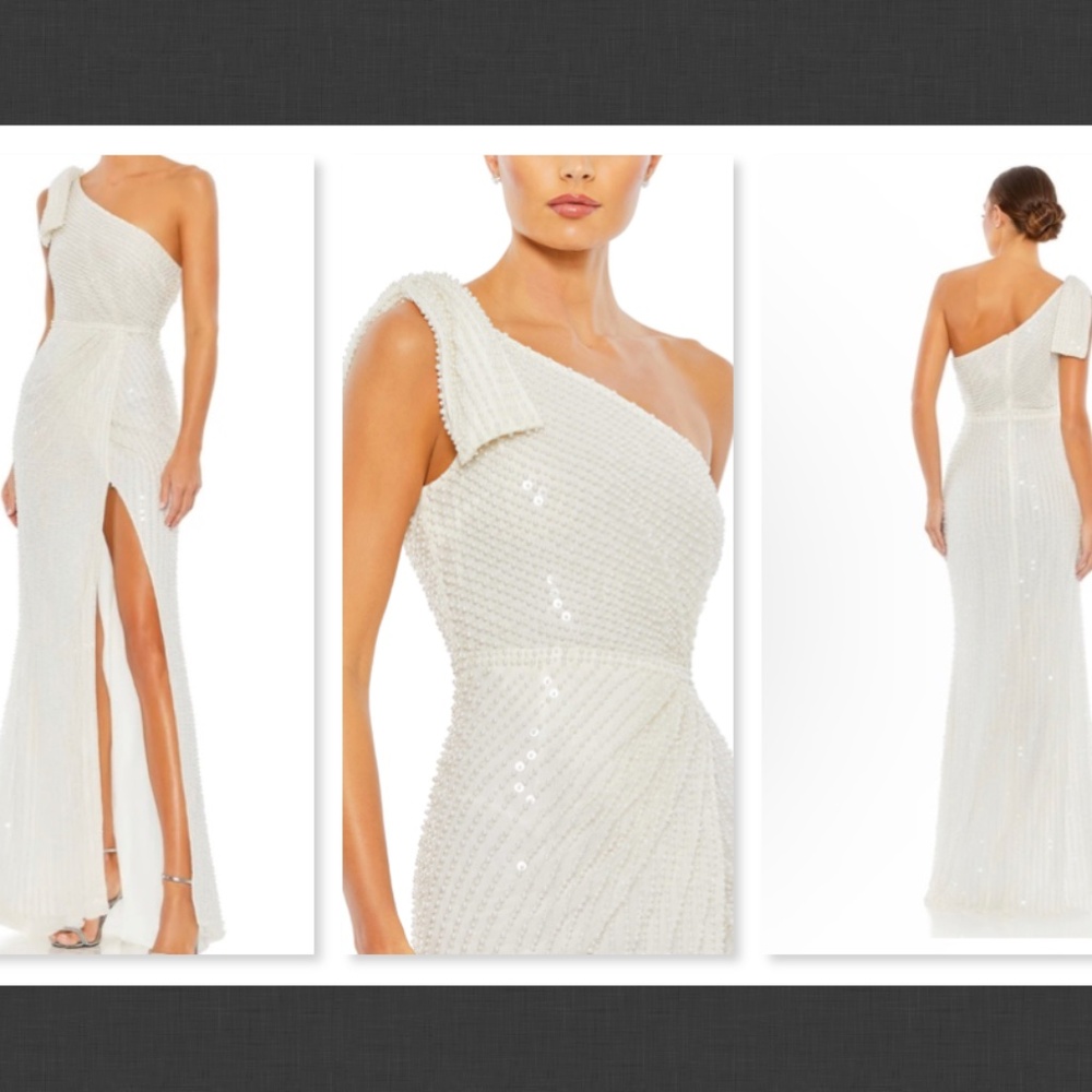 NEW Mac Duggal Pearl Embellished Soft Tie One Shoulder  Color White   Size 4